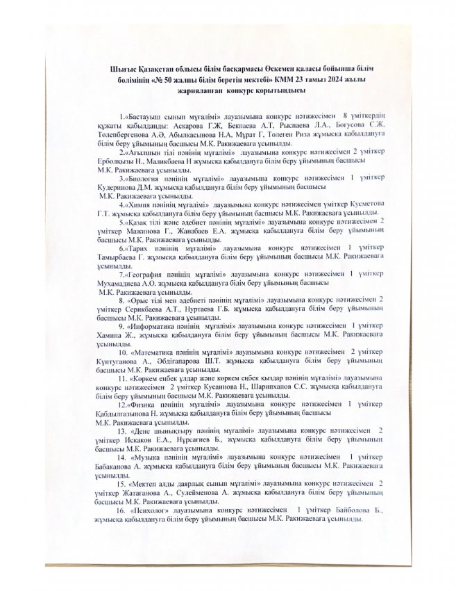 Шығыс Қазақстан облысы білім басқармасы Өскемен қаласы бойынша білім бөлімінің "№50 жалпы білім беретін мектебі" КММ 23 тамыз 2024 жылы жарияланған конкурс қорытындысы