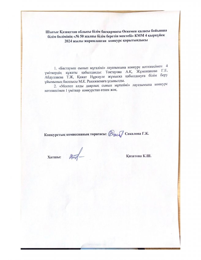 Шығыс Қазақстан облысы білім басқармасы Өскемен қаласы бойынша білім бөлімінің "№50 жалпы білім беретін мектебі" КММ 4 қыркүйек 2024 жылы жарияланған конкурс қорытындысы